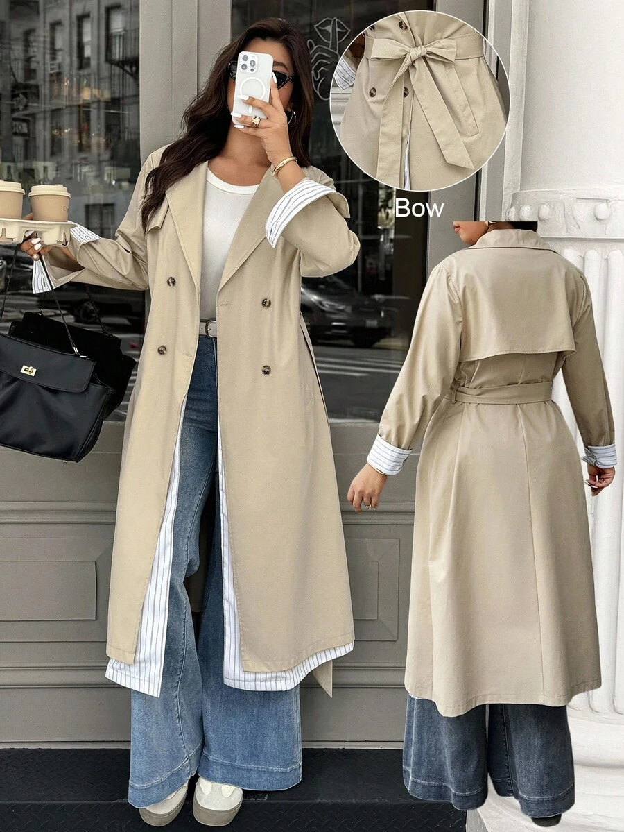 Easura 加大双排扣束带风衣 - 卡其色 - 查看 1