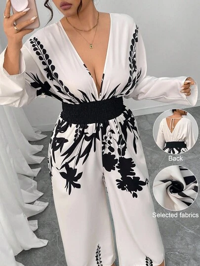 Elenzga 大码女式花卉印花深V领长袖性感连体裤