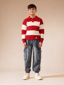 SUMWON Tween Boys Red White Striped Polo Collar Long Sleeve Knit Sweater Winter Knitwear Holiday Classic Rugby Style Pullover