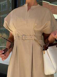 Bethéva Đầm suông cổ chữ V đơn giản thanh lịch, buộc eo, có chân váy xếp nếp, thời trang và chất lượng cao khi đi làm hoặc hẹn hò - Màu Khaki - Xem 3