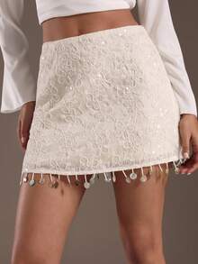 SHEIN Glamour Women's Floral Textured Sequin Fringe Hem Fashionable Short Skirt - Apricot - View 6