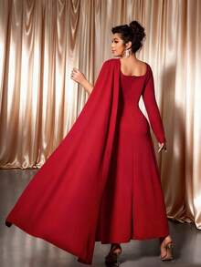 Elenzga Plus Size Women Elegant A-Line Long Sleeve Dress, Autumn/Winter - Red - View 2