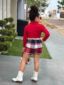 Firerie Kids Conjunto de camiseta de cuello redondo ajustada roja y falda mini a cuadros para niñas jóvenes NovaGlow, lindo y elegante, adecuado para fiestas y vacaciones