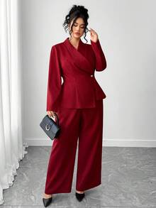Elenzga Plus Size Red V-Neck Elegant Button Waist Blazer & Wide Leg Pants 2 Pieces Suit Set - Burgundy - View 6