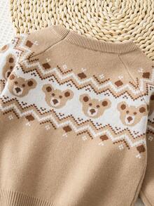 SHEIN Playful Pals 可爱小熊印花圆领长袖上衣，适合居家和户外穿着 - 杏色 - 查看 6