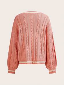 SHEIN LUNE 女士休闲V领撞色麻花针织毛衣，秋冬 - 藕粉色 - 查看 2