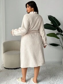 Dazy Plus Thermal Lined Plus Size Women Long Fluffy Robe, Fashion Sleepwear For Autumn/Winter, Cozy - Apricot - View 2
