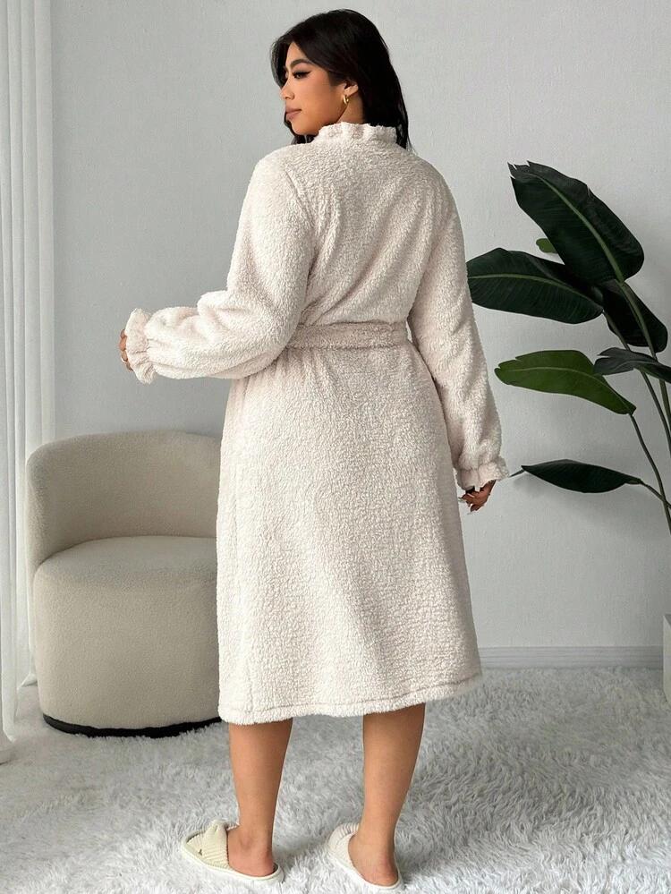 Dazy Plus Thermal Lined Plus Size Women Long Fluffy Robe, Fashion Sleepwear For Autumn/Winter, Cozy