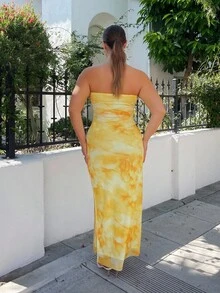 Nezia Cruz 女式扎染露肩连衣裙，侧开衩下摆，超长款女装 - 黃色 - 查看 3