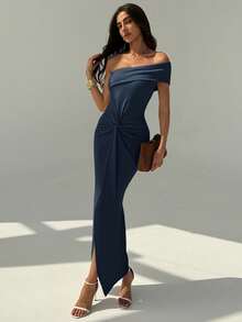 Aloruh Elegant Off Shoulder Twist Waist Decor Slim Fit High Slit Dress - Navy Blue - View 2