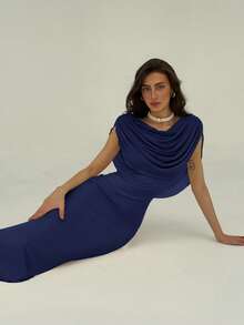 Aloruh 女式纯色褶皱修身优雅长裙 - 藏蓝色 - 查看 5