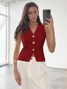 Aloruh Women's Solid Color Metal Single-Breasted V-Neck Casual Knit Vest, Autumn,Red Top,Christmas Knitted Vest, Suitable For Commuting And Office Wear, Simple And Casual, With Unique Metal Buckle. Summer Top - Red - View 6