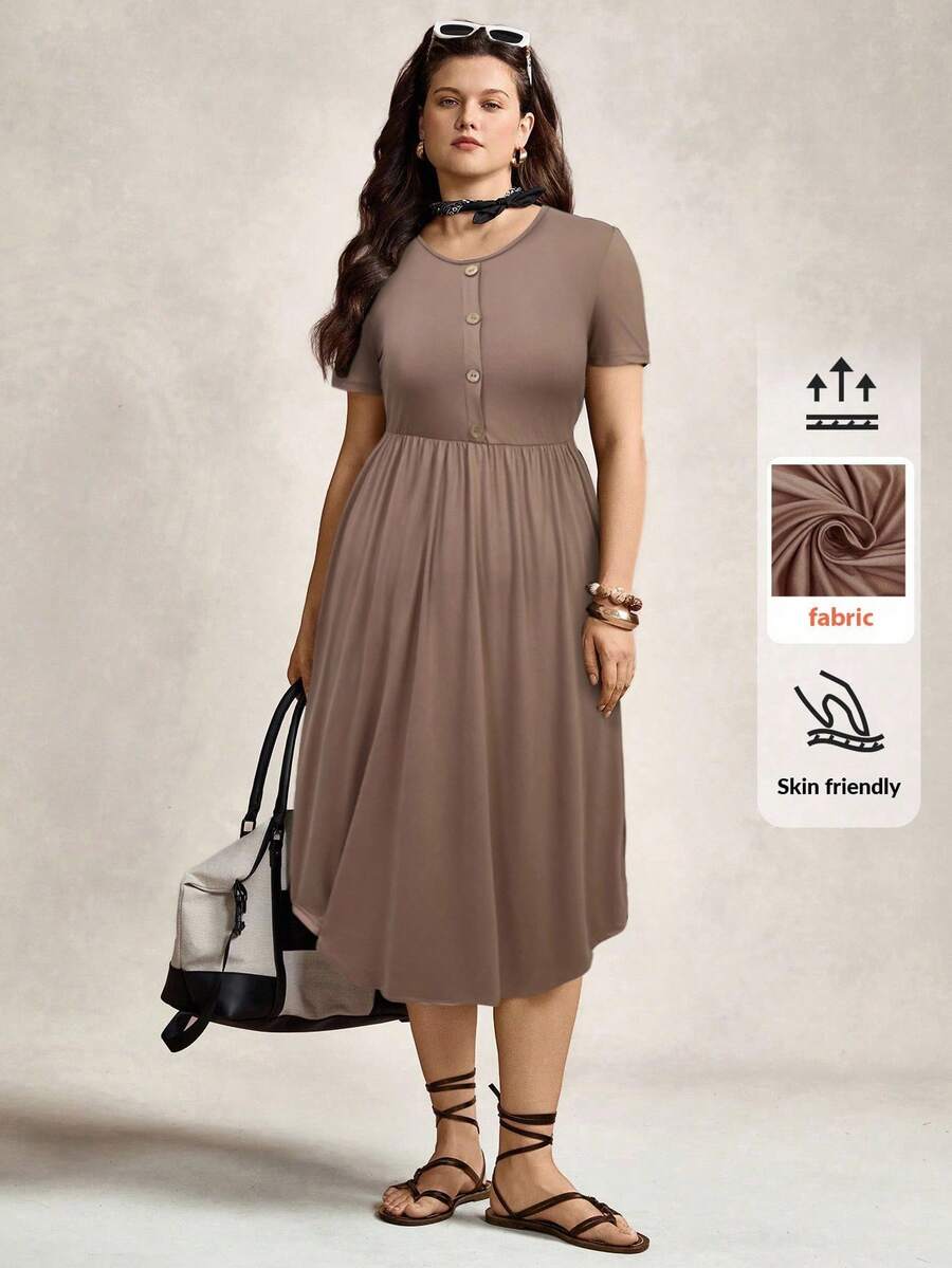 Zelara Vestido cómodo de manga corta con cuello redondo y decoración de botones frontales, para primavera/verano, talla grande - Marrón Mocha - Ver 1