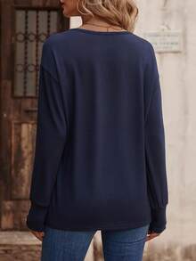 EMERY ROSE Casual Solid Color V-Neck Long Sleeve T-Shirt, Versatile For Autumn - Navy Blue - View 2