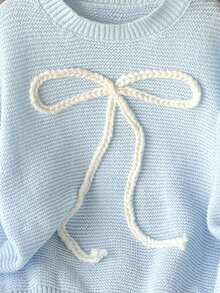 SHEIN 青少年女孩蝴蝶结刺绣毛衣，甜美休闲百搭日常穿着，柔软舒适 - 淺藍色 - 查看 4