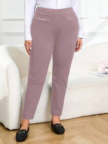 Plus Size Casual Versatile Solid Color Pants - Coffee Brown - View 3
