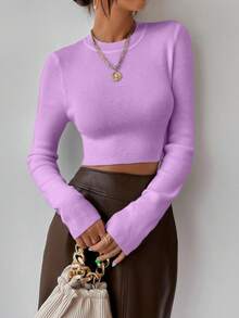 Rafferiza Casual Solid Color Fitted Cropped Sweater, Autumn - Mauve Purple - View 6