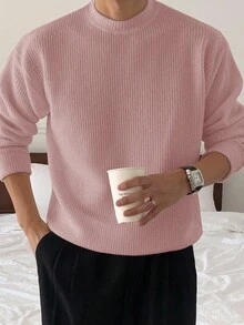 DAZY Men's Casual Solid Color Pullover Sweater, Autumn - Pink - View 5