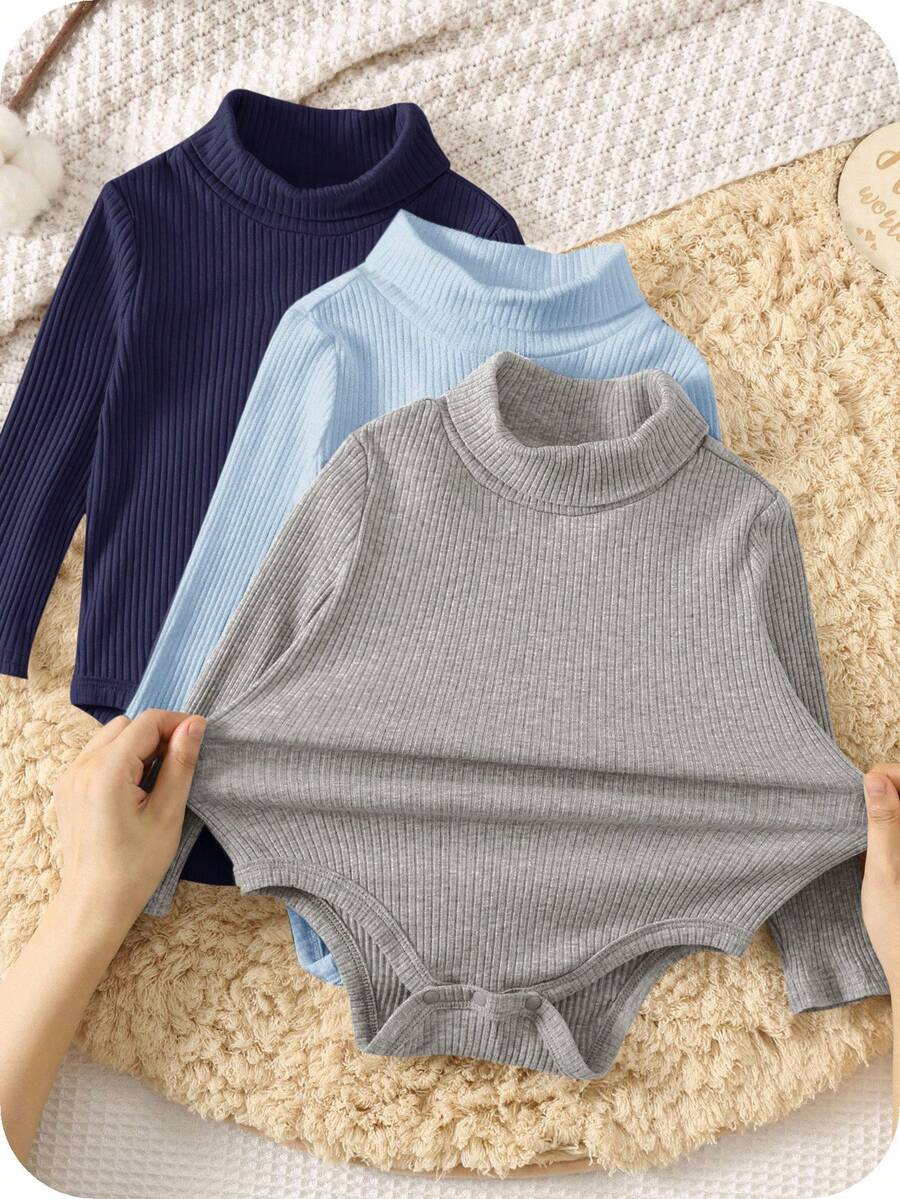 SHEIN 3件組新生兒男嬰/女嬰幼兒加厚保暖羅紋高領長袖連身衣與冬季長褲套裝,海軍藍,秋季,端莊,親子穿搭 - 彩色 - 查看 1