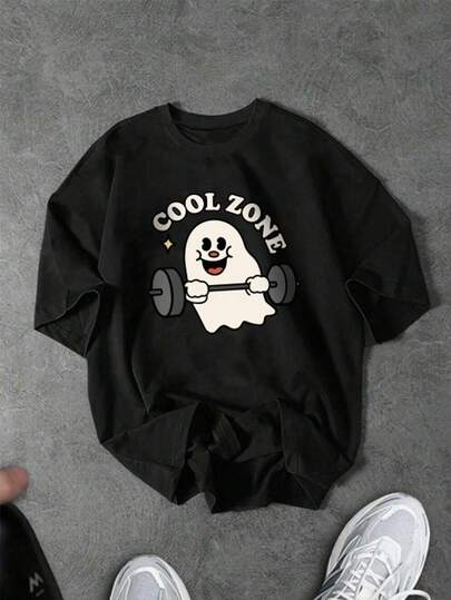 Sport MetroGents 男士休闲日常通勤卡通鬼杠铃和字母印花黑色运动 T 恤，夏季