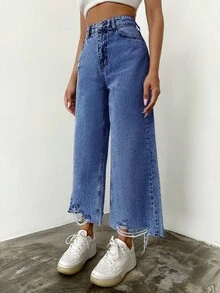 EURMUSE 100%Cotton Women Casual Ripped Wide Leg Jeans - Medium Wash - View 4
