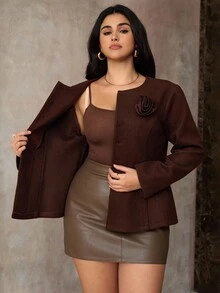 Roveilla Plus Size Women's Double-Breasted Floral Woolen Jacket, Elegant Regular Fit Coat For Winter Blazer Dress Plus Size Plus Size Jacket Earthy Plus Size Plus Size Western Clothing - Brown - View 11