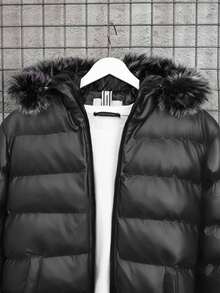 EURMUSE Men's Solid Color Long Sleeve Zipper Collar Patchwork Faux Fur Hooded Casual Winter Jacket - Dark Grey - View 3