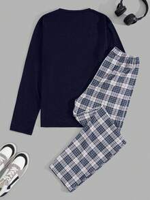 EURMUSE Men Letter Printed Long Sleeve Regular T-Shirt And Pants Loungewear Set - Navy Blue - View 2