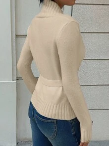 SHEIN Unity Casual Solid Color Tie-Front Cardigan, Autumn - Khaki - View 2