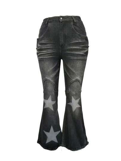 Plus Size Autumn/Winter Grunge Punk Street Vintage Star Washed Distressed Asymmetrical Frayed Hem Jeans, Fashionable Autumn Five-Pointed Star Ombre Texture Washed Street Style Plus Size Women Denim Pants, Plus Size Music Festival Party Autumn/Winter Women Denim Jeans Trousers