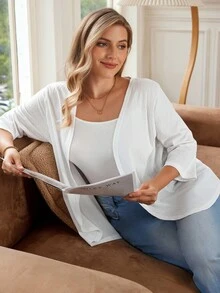 Rosumi 大码女式中长袖白色提花纹理开衫沙滩度假夹克女式春季服装女式夏季服装秋冬 - 白色 - 查看 1