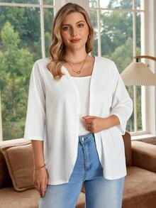 Rosumi 大码女式中长袖白色提花纹理开衫沙滩度假夹克女式春季服装女式夏季服装秋冬 - 白色 - 查看 5