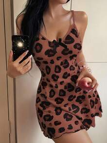 SHEIN 女式蝴蝶结装饰 V 领豹纹吊带背心迷你睡袍 - 棕色 - 查看 5