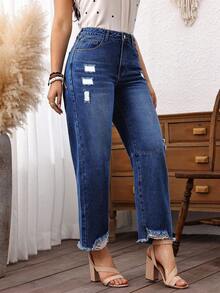 EMERY ROSE Vaqueros azules de talla grande para mujer en invierno, con efecto desgastado, dobladillo deshilachado y sueltos, para rodeo - Azul lavado oscuro - Ver 4