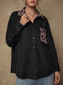 SHEIN VCAY Plus Size Women Leopard Print Patchwork Dropped Shoulder Long Sleeve Casual Fashion Shirt - Black - View 4
