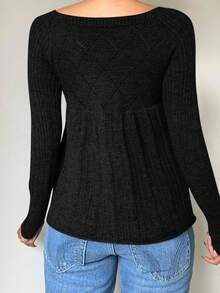 SHEIN EZwear Women's Regular Black Round Neck Front Button Long Sleeve Cardigan, Autumn/Winter,Fall,Cozy Fall And Winter Clothes For Women - Black - View 2