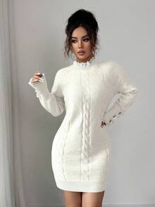 SHEIN Elenzya 秋冬长袖扭绳圆领蕾丝边杏色连衣裙 - 白色 - 查看 6