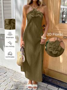 Sylviya Women's Casual 3D Floral Halter Slit Dress Olive Green Dresses Khaki Dress Women Summer Elegant Dress 3d Flower Dress - Coffee - View 7