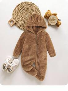 SHEIN Newborn Baby Boy 3D Ear Design Hooded Zipper Flannel Sleep Jumpsuit - Khaki - View 2