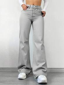 Cottnline Solid Color Straight-Leg Jeans - Light Grey - View 4