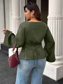 Easura 秋季大码休闲纯色喇叭袖衬衫 - 綠色 - 查看 2