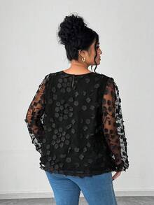 Elenzga Plus Size Women's Round Neck Elegant 3D Floral Embroidered Mesh Lantern Sleeve Blouse - Black - View 2