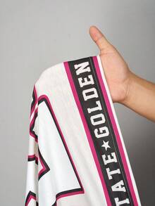 Slaydiva 2025 New Summer And Early Autumn New Casual Street Sports Style Daily Dating Music Festival Round Neck Long Sleeve Drop Shoulder Super Loose T-Shirt 23 Digital Slogan Logo Print Brown Splicing White Print Women's T-Shirt