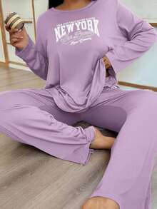 SHEIN Doze Lane Bộ đồ ngủ thường ngày in chữ tay dài cỡ lớn kèm quần dài, trang phục ấm áp, quần áo thu đông - Màu tím - Xem 1