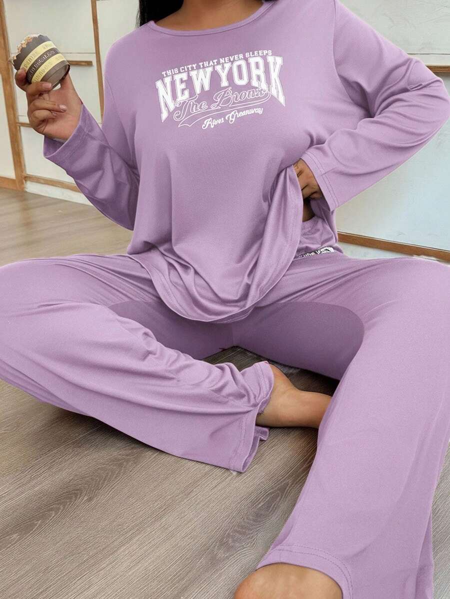 SHEIN Doze Lane Bộ đồ ngủ thường ngày in chữ tay dài cỡ lớn kèm quần dài, trang phục ấm áp, quần áo thu đông - Màu tím - Xem 1