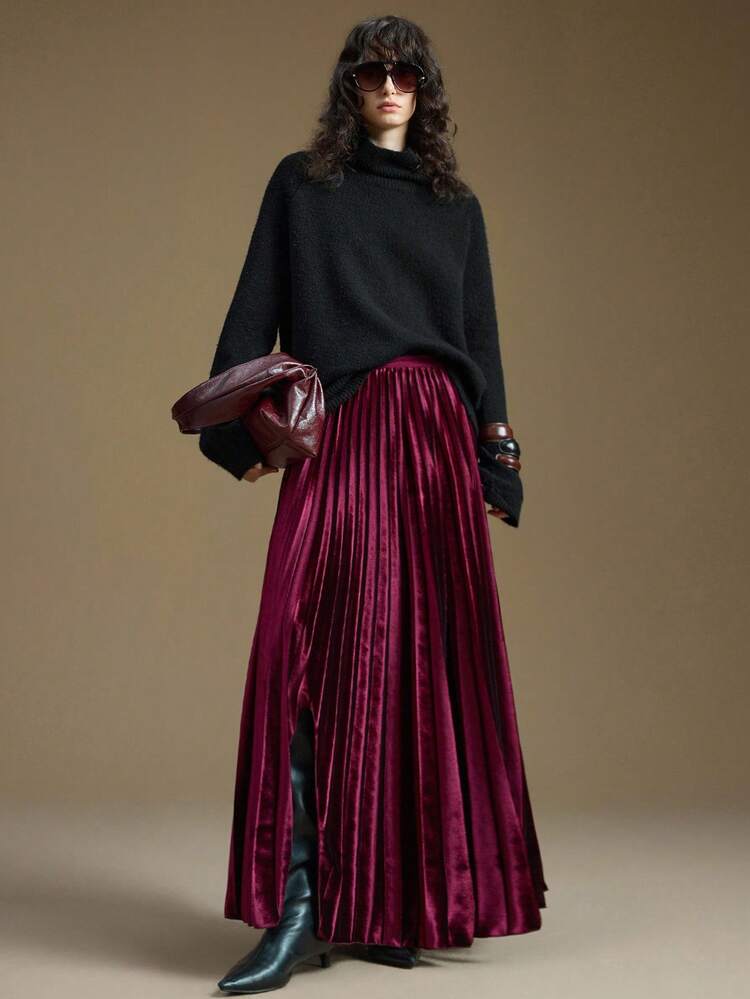 Women's Purple Comfortable Soft Pleated Front & Side Slit A-Line Skirt, Versatile For All Seasons, Autumn/Winter Essential, Fashionable Casual Urban Business Wear, High-Quality Airport, High-End Cruise Attire, Suitable For Christmas, New Year, Social Events Waist Detail Flared Skirt Christmas Evening New Year Atmosphere Holiday Party Valentine's Day Special Design High-End, Elegant, Old-Fashioned Cruise Attire For Wedding Guests