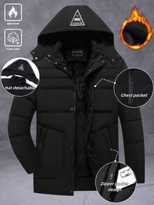 Manfinity Homme Manteau matelassé à capuche détachable, zip, doublé thermique, manches longues épaisses. Coupe-vent, automne/hiver - Noir - Voir 1