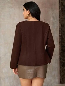Roveilla Plus Size Women's Double-Breasted Floral Woolen Jacket, Elegant Regular Fit Coat For Winter Blazer Dress Plus Size Plus Size Jacket Earthy Plus Size Plus Size Western Clothing - Brown - View 3