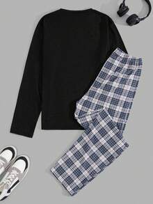 EURMUSE Men Letter Printed Long Sleeve Regular T-Shirt And Pants Loungewear Set - Black - View 2