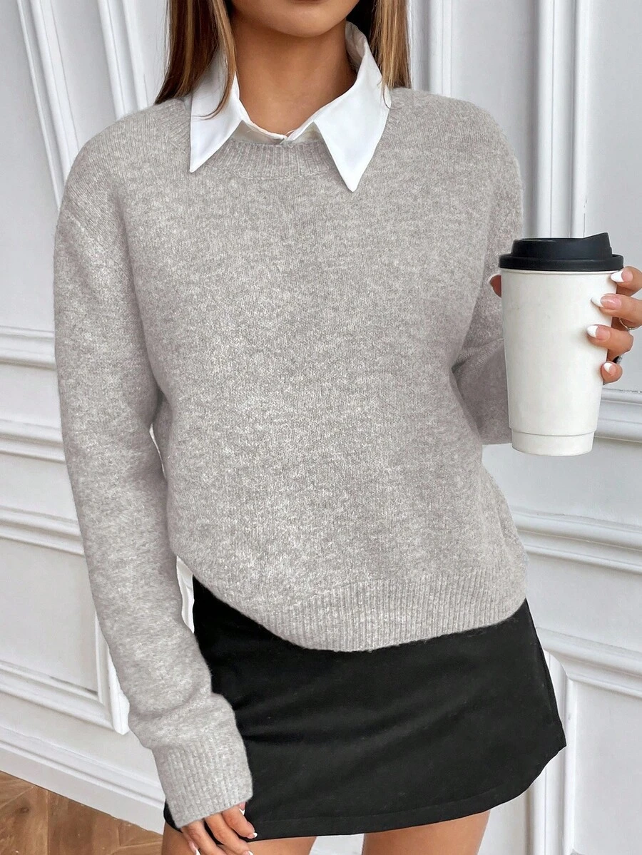 SHEIN Suéter de punto de cuello redondo de manga larga y unicolor de estilo casual - Gris Claro - Ver 1